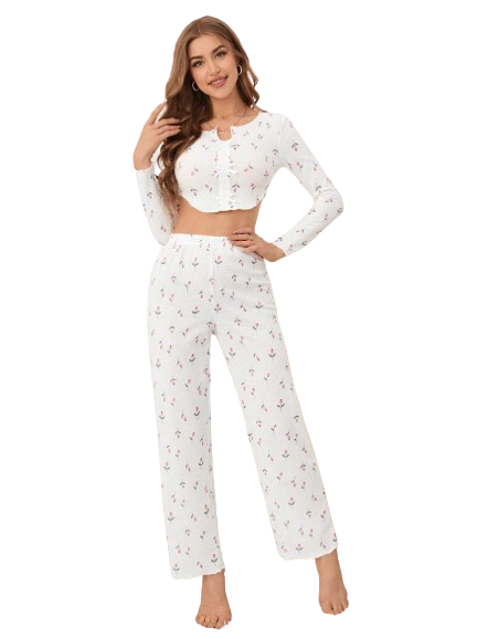 Conjunto De Pijama Feminino com Detalhes Floral - moupesmoda