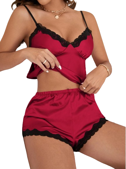 Conjunto de Baby Doll Feminino em Cetim com Detalhes em Renda - moupesmoda