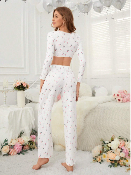 Conjunto De Pijama Feminino com Detalhes Floral - moupesmoda