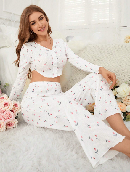 Conjunto De Pijama Feminino com Detalhes Floral - moupesmoda