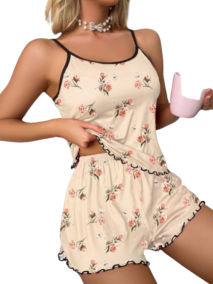 Conjunto de Baby Doll Feminino com Impressão Floral e Acabamento Franzido em Contraste - moupesmoda